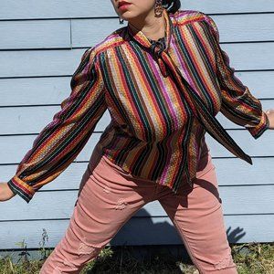 Vintage 70s Muted Rainbow Silk Secretary Blouse 12